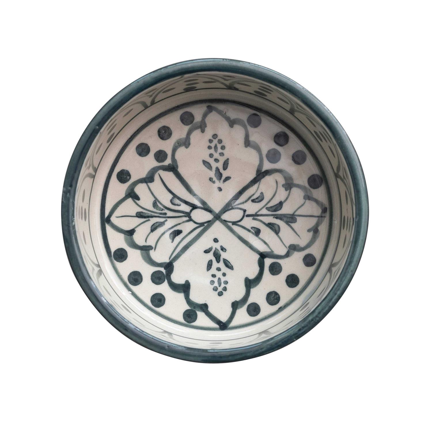 Creative Co-Op Hand-Painted Stoneware Pet Bowl with Botanical Design