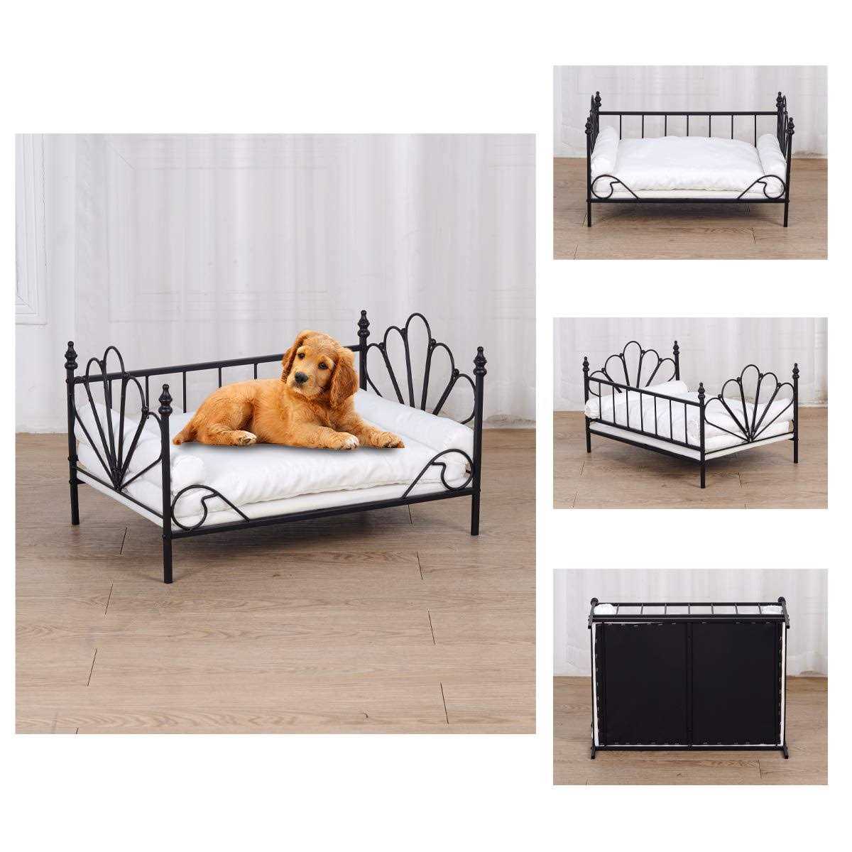 Babyland Bed for Dog, Pet Couch Bed with Metal Frame and Detached White Velvet Cushion with 2 Pillow for Small Pet