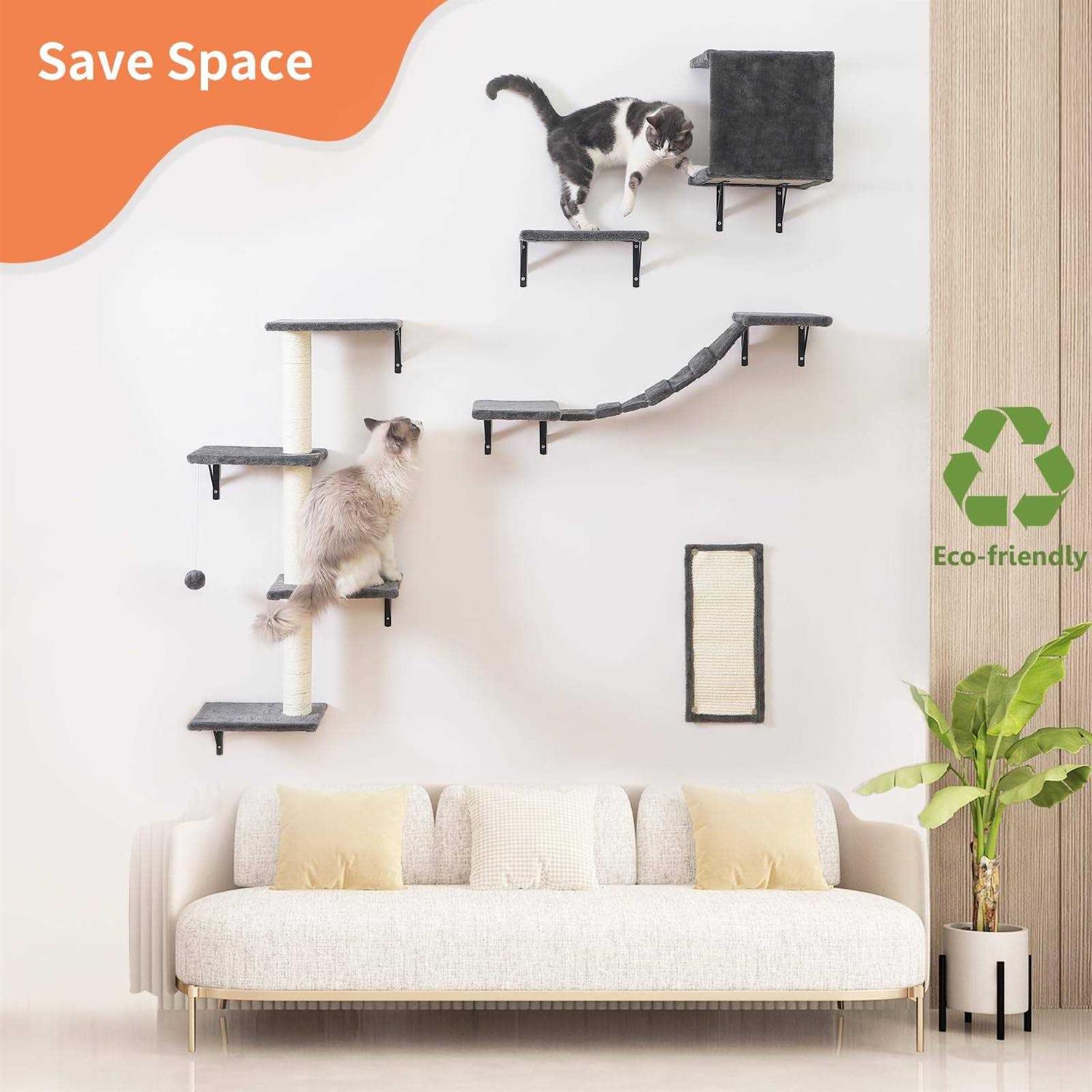 Modern Wall-Mounted Cat Furniture 5pcs Cat Wall Shelves Wooden Cat Climber Cat House, Bridge, Tree, Steps, and Scratcher
