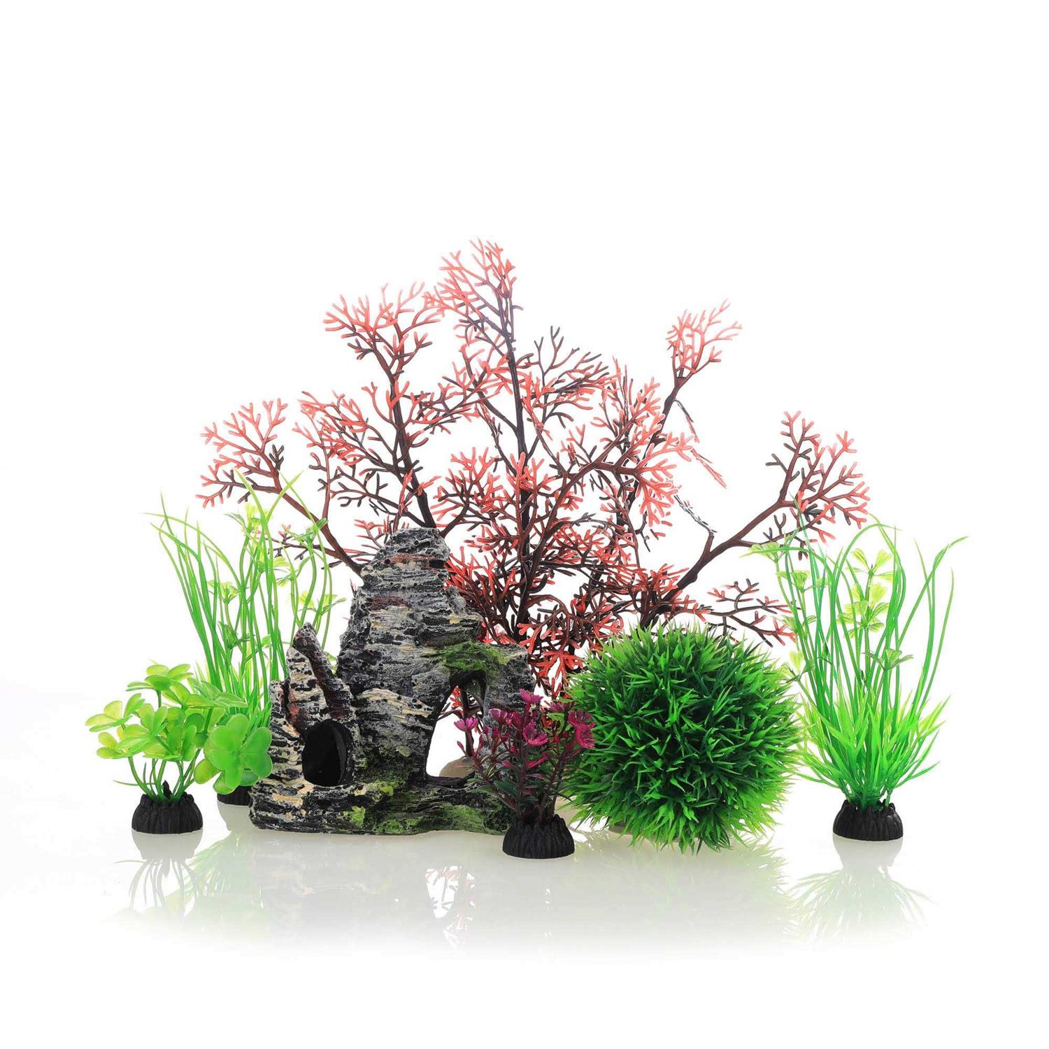 JIH Aquarium Fish Tank ,Plastic , Decorations Decor Set 7 Pieces, Small and Large Artificial Fish Tank Plants with Cave Rock