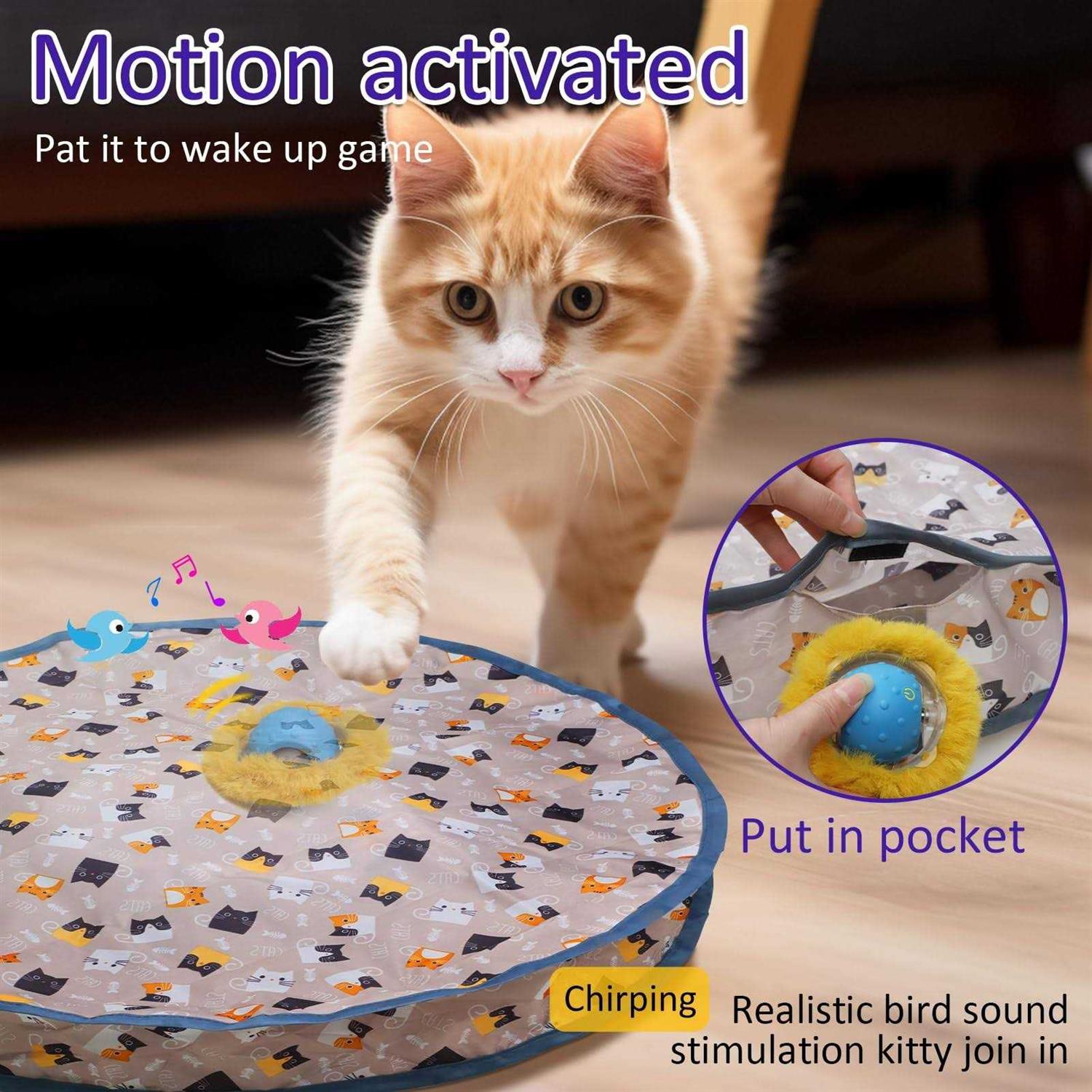 Giociv Interactive Cat Toys Ball Fast Rolling in Pouch, Motion Activate Chirping Cat Toy Hide and Seek Mouse Catching Game