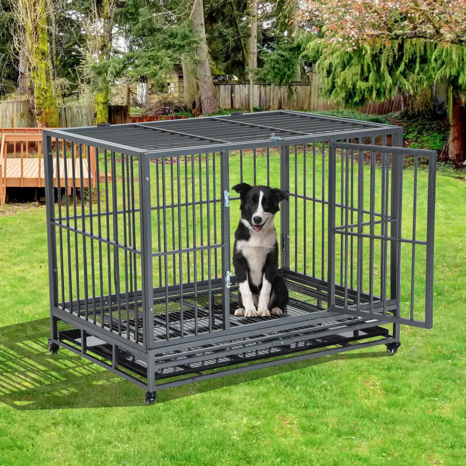 PawHut Heavy Duty Dog Crate Metal Cage Kennel with Lockable Wheels, Double Door and Removable Tray