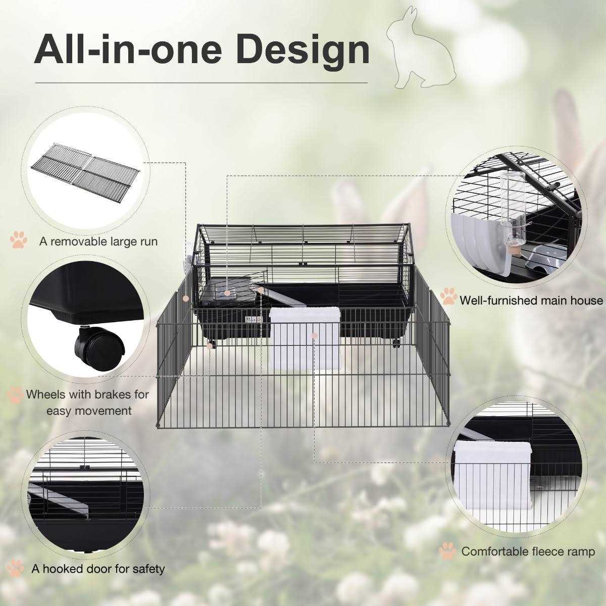 PawHut Rolling Metal Rabbit Guinea Pig or Small Animal Hutch Cage with Main House and Run