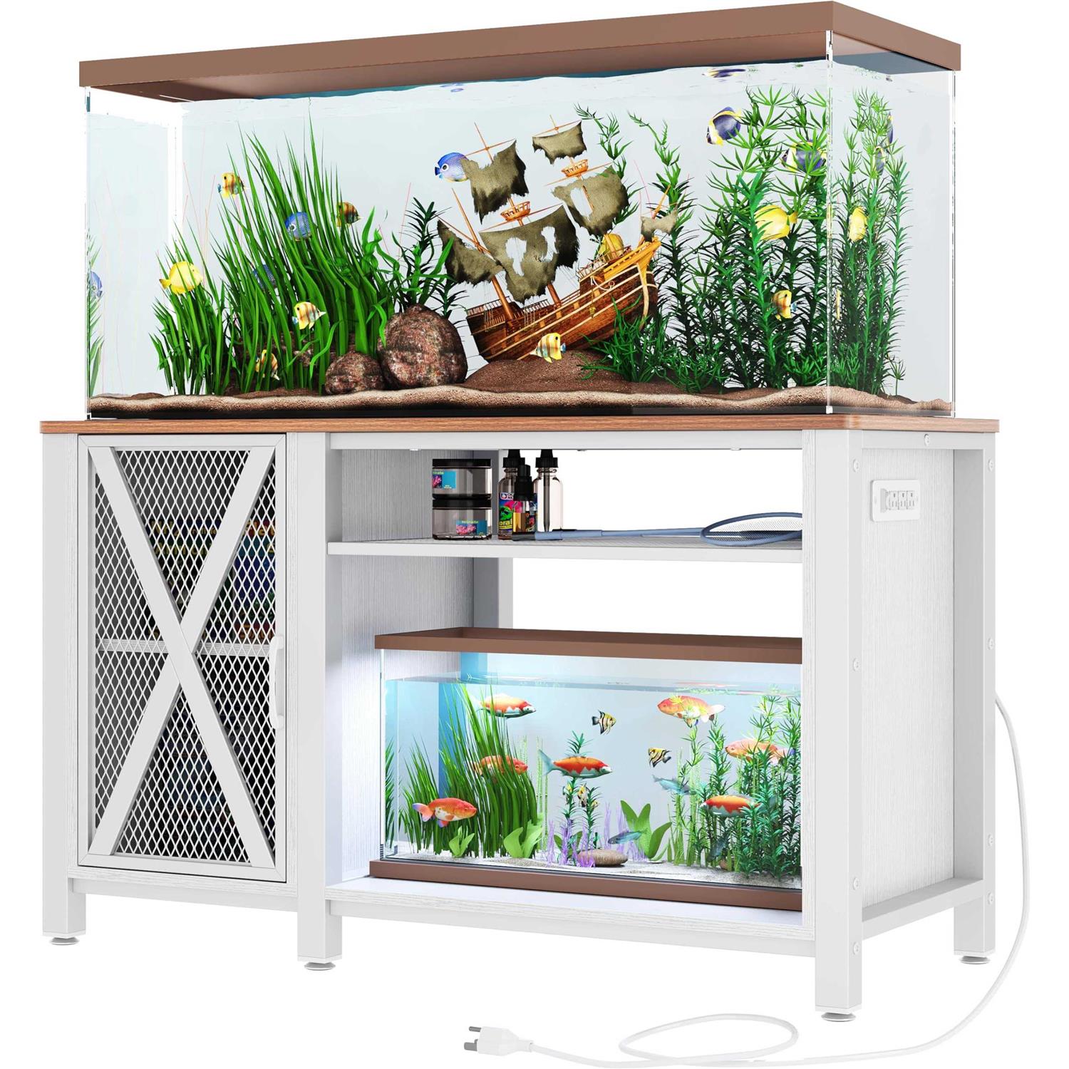 DWVO Heavy Duty Metal Aquarium Stand with Power Outlets Cabinet for Fish Tank Accessories Storage