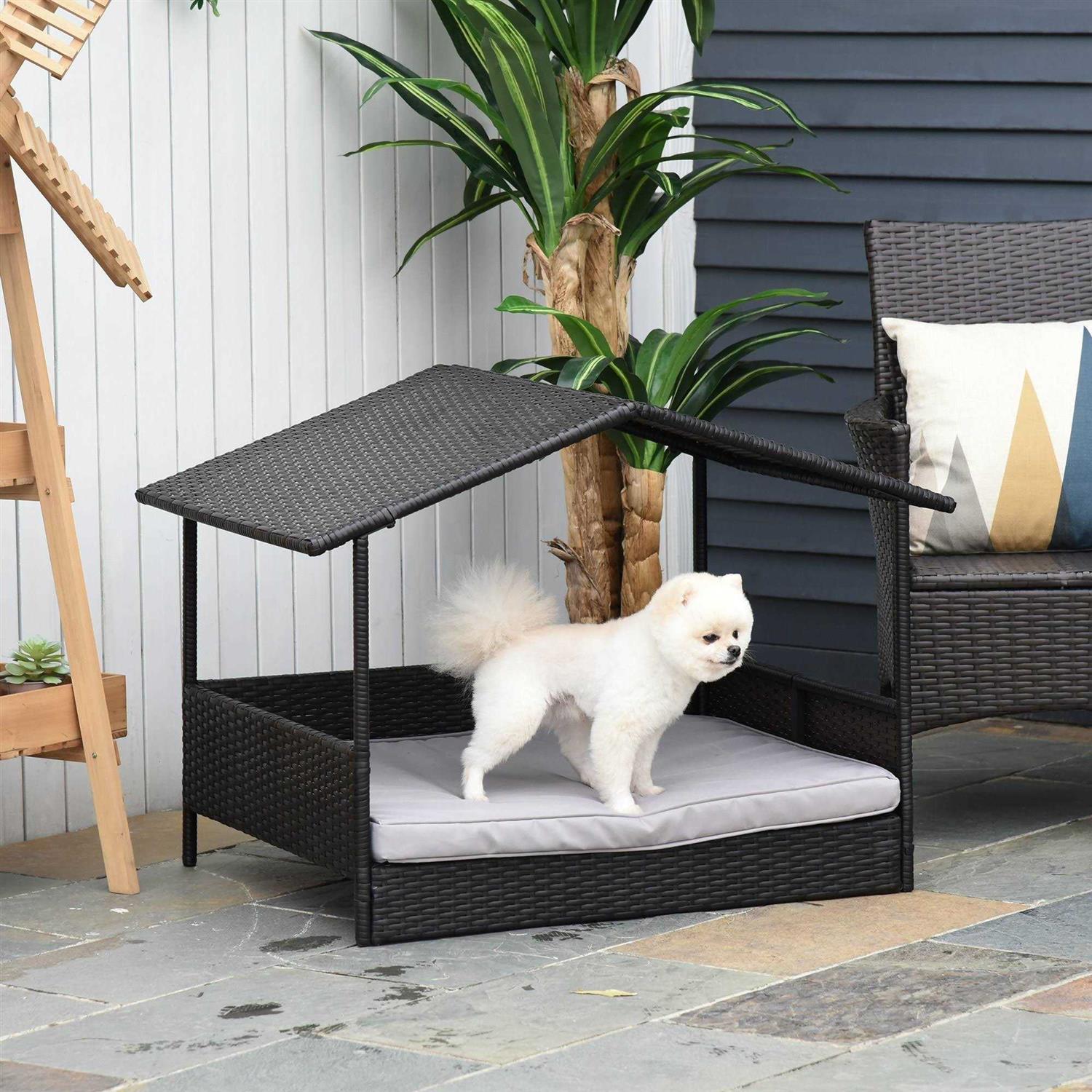 PawHut Wicker Dog House Elevated Raised Rattan Bed for Indoor/Outdoor with Removable Cushion Lounge
