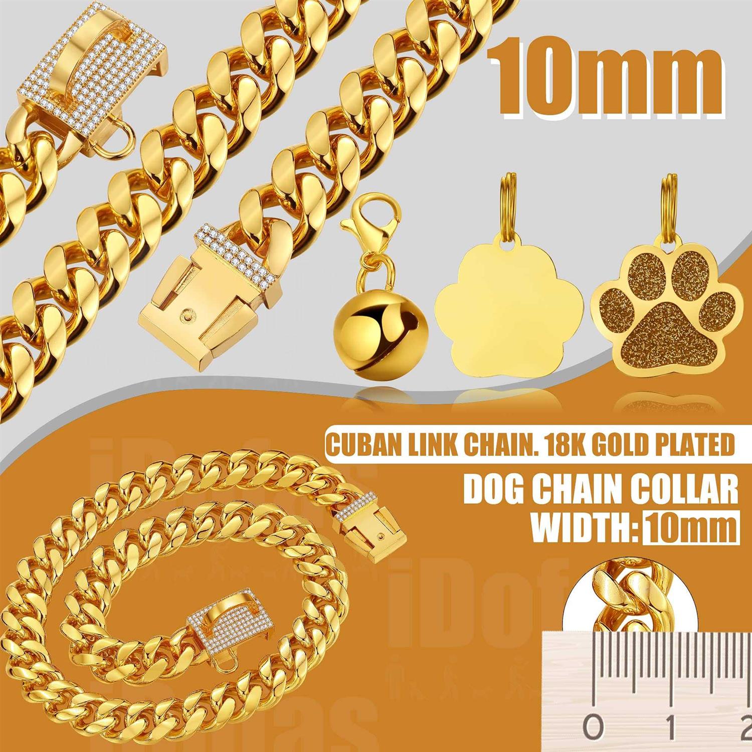 LuxLife Dog Chain Collars Gold Chain Dog Collar Cuban Link Dog Collar Snap Buckle 18K Stainless Steel Metal Dog