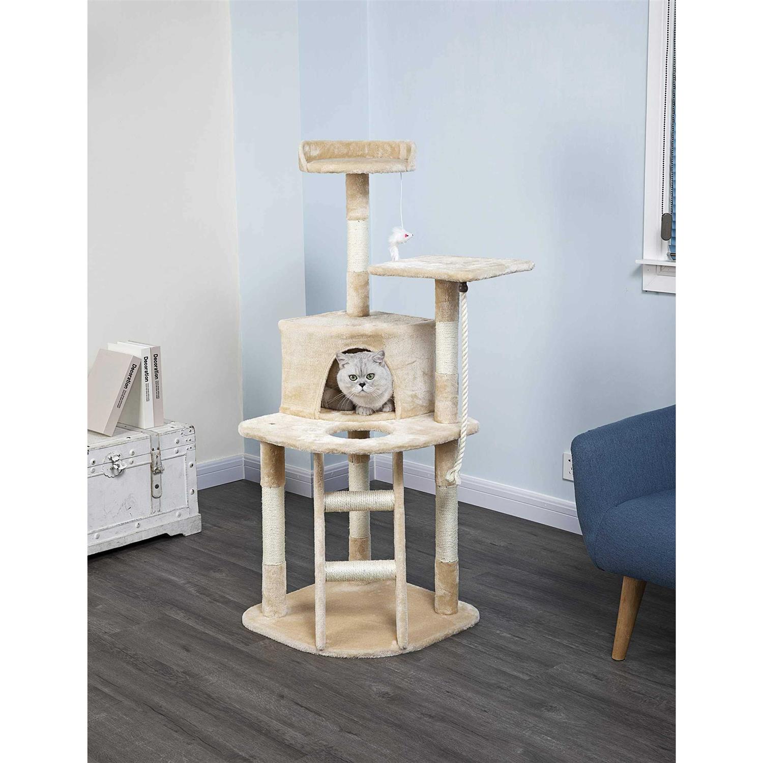 Go Pet Club Beige Economical Cat Tree Condo with Sisal Covered Posts