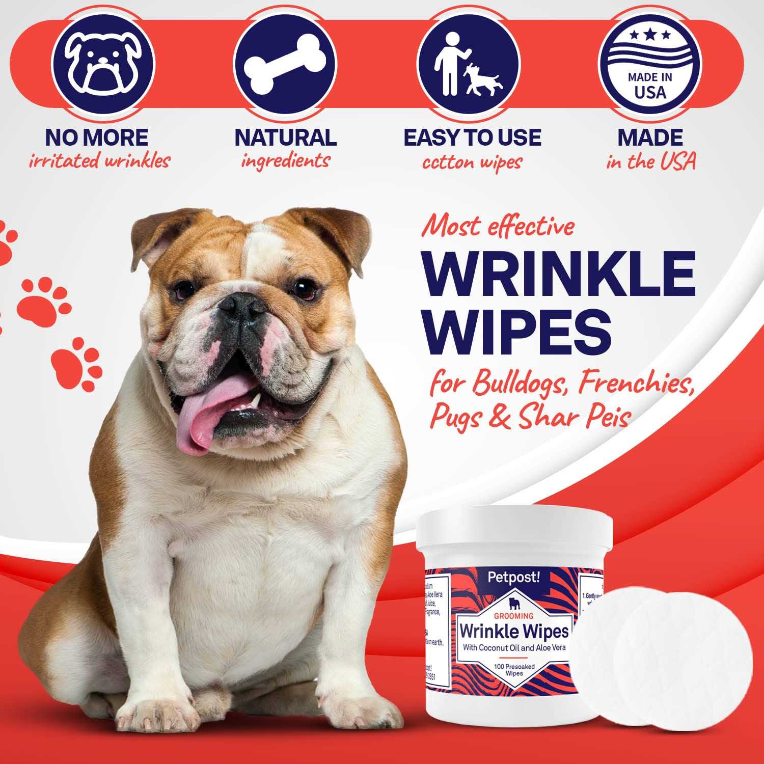 Petpost Bulldog Wrinkle Wipes for Dogs Cleans and Soothes Pug Wrinkles and Folds