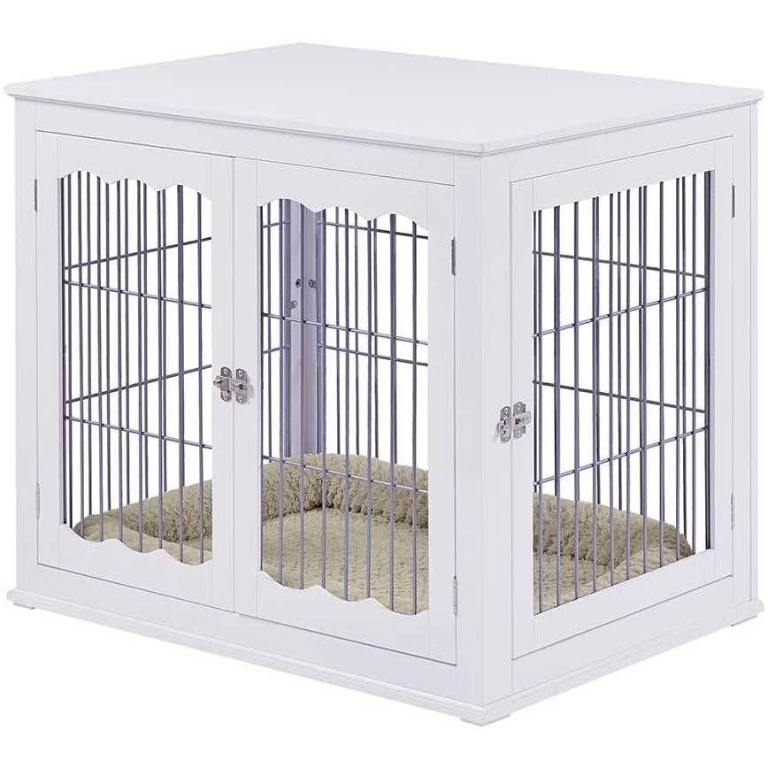 Unipaws Dog Crate End Table with Cushion Wooden Wire Pet Kennels with Double Doors