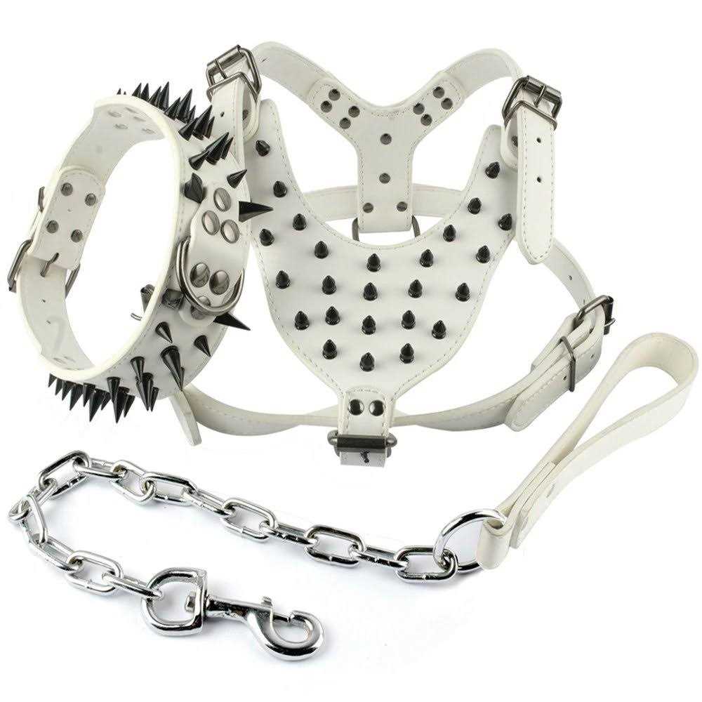 Berry Pet Black Leather Spikes Studded Medium & Large Dog Collar & Leash & Harness 3 Pcs Set for Pitbull Boxer