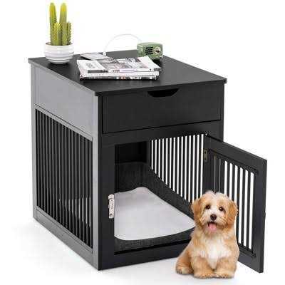 Costway 2-In-1 Furniture Dog Crate with Drawer Wired & Wireless Charging Side End Table