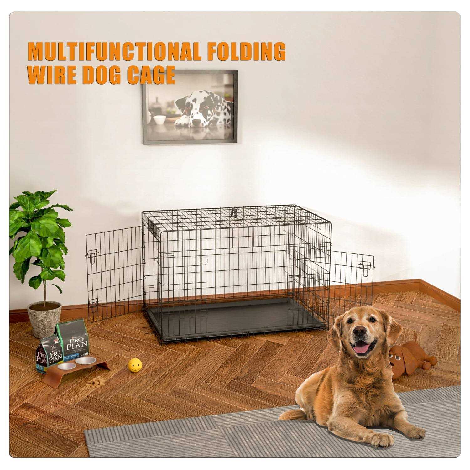 Dog Crate for Large Dogs,42 Inch Dog Kennel Outdoor with Double-Door,Folding Mental Pet Dog Cages with Divider Panel , Tray and Handle