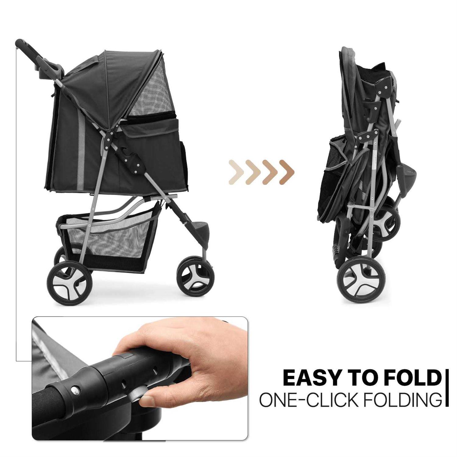 MoNiBloom Foldable Pet Stroller with Weather Cover, 3 Wheels Pet Small Dogs and Cats with Storage Basket and Cup Holder