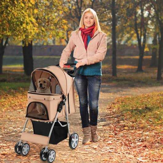Costway Foldable 4-Wheel Pet Stroller with Storage Basket