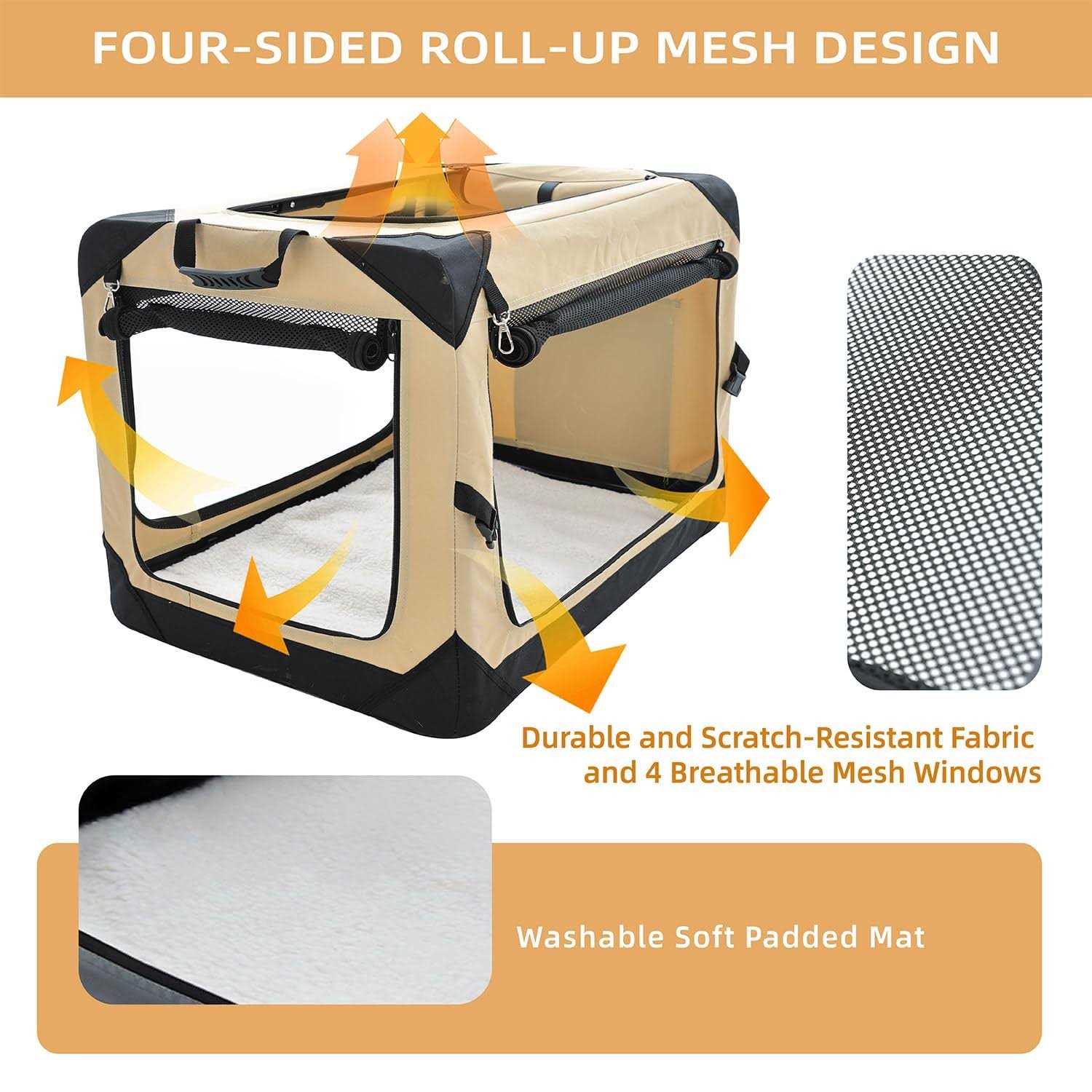 Pettycare Collapsible Dog Crate Dogs 4-Door Foldable Soft Dog Kennel with Chew Proof Mesh Windows