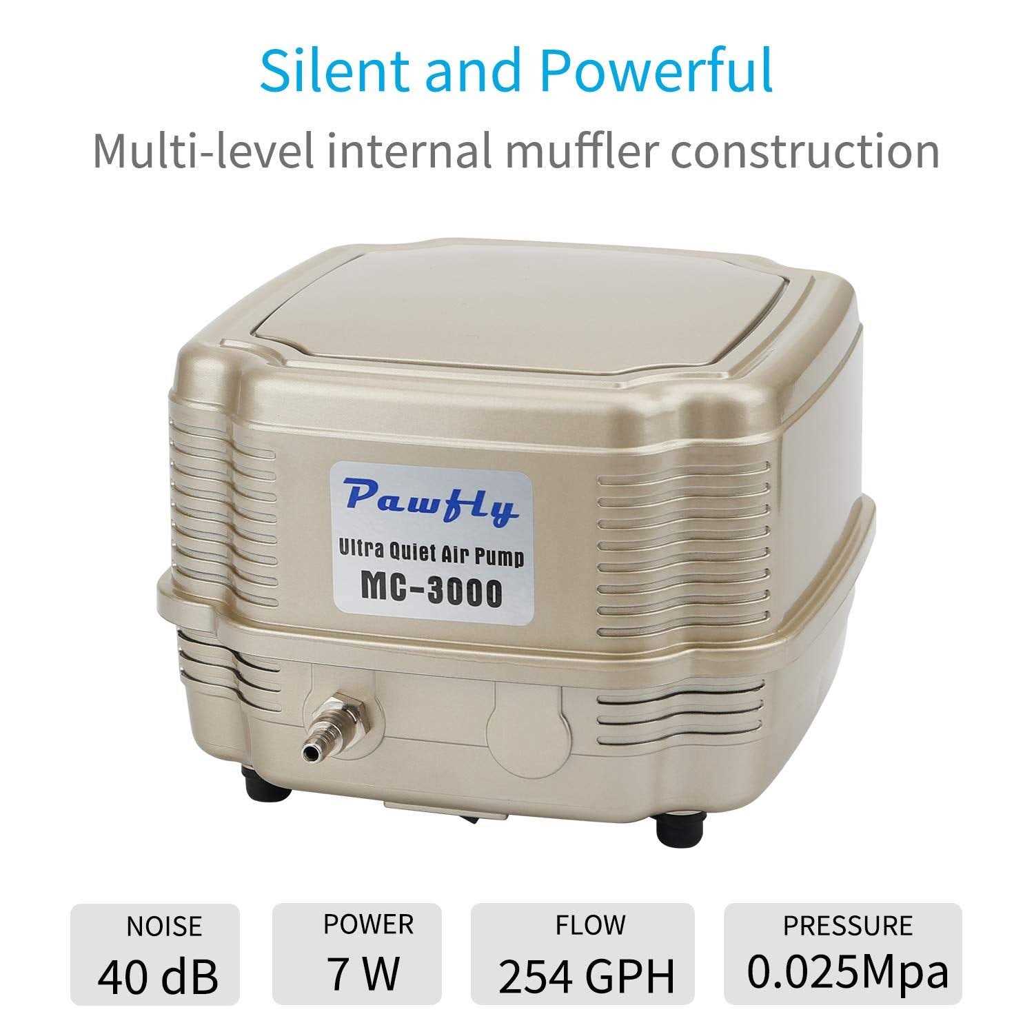 Pawfly 254 GPH Aquarium Air Pump Adjustable Quiet Oxygen Aerator Pump with Multi-Port Air Flow Control Lever Valve Splitter and