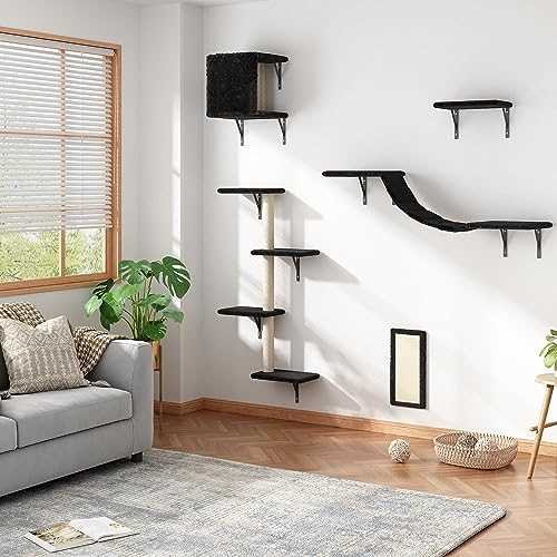 Wall Mounted Cat Furniture, Cat Wall Shelves Set of 5 with Cat Tree, Cat Perch, Cat Scratcher, Cat Bridge and Cat Condo, Gray (Black)