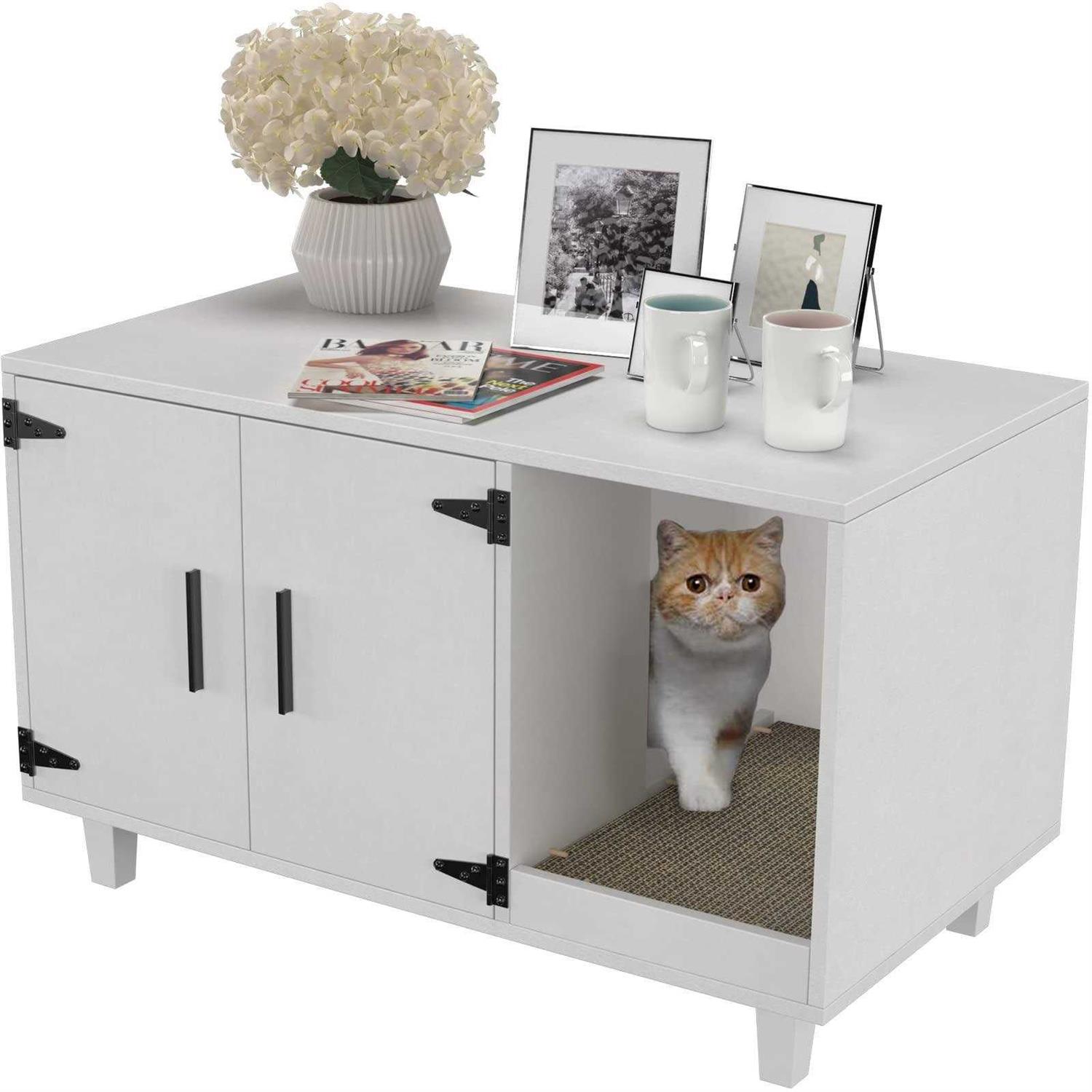 GDLF Pet Crate Cat Washroom Hidden Litter Box Enclosure as Table Nightstand with Scratch Pad,Stackable