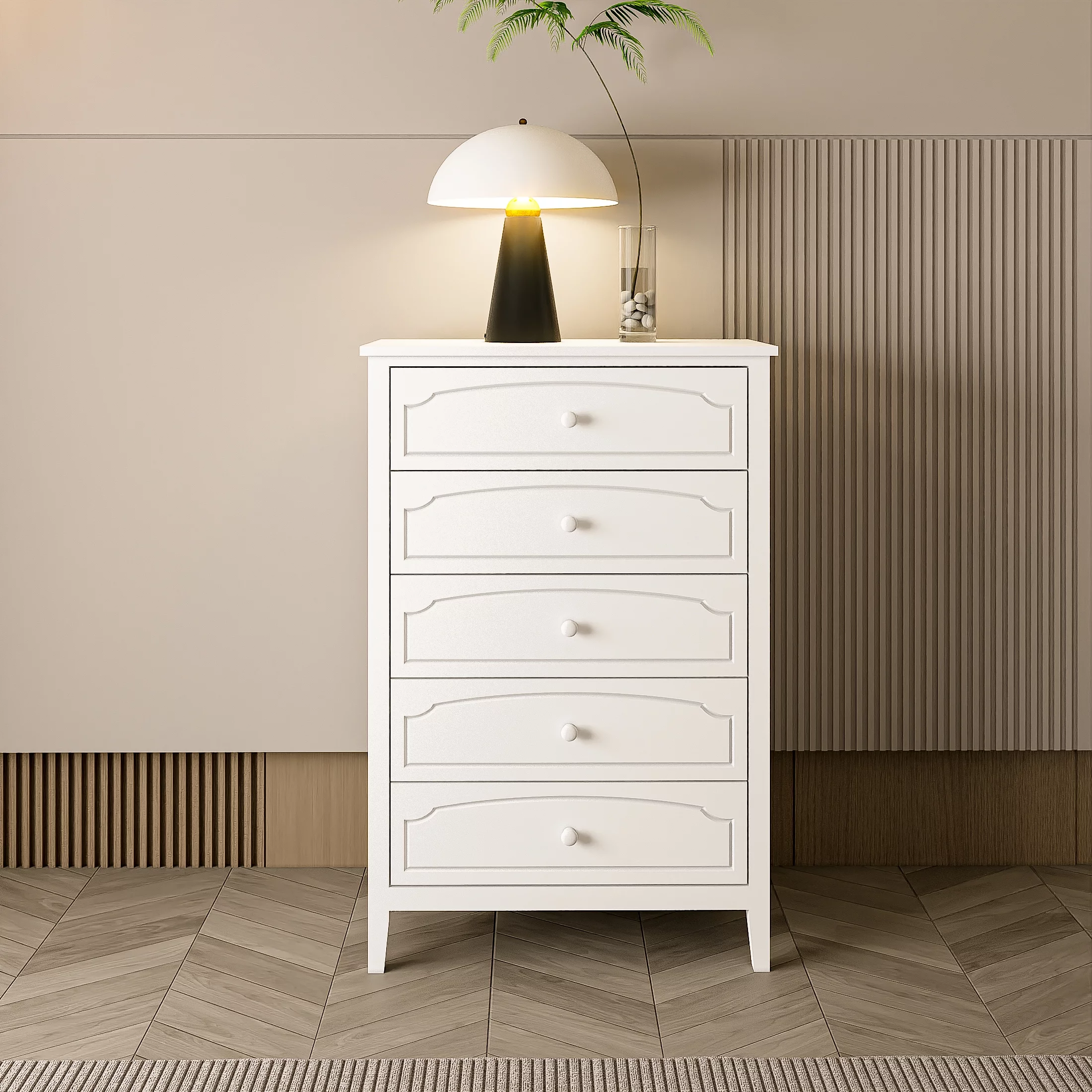 White Contemporary Roman Style. Solid Wood 5 Drawers Chest Bedroom