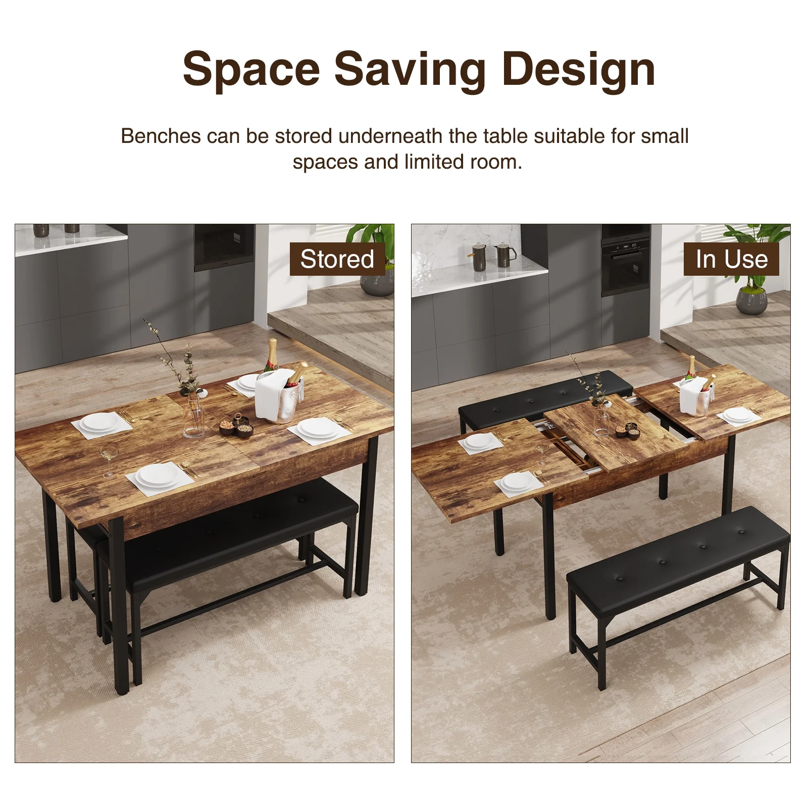 FiveWillowise 3-Piece Dining Table Set for 4-8, Kitchen Table Set with Metal Frame & Wooden Board .63