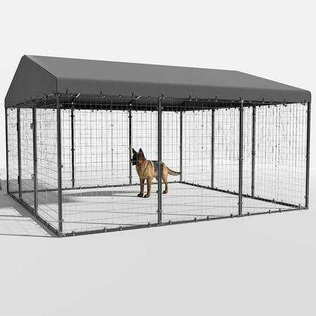 Alaulm Large Heavy Duty Outdoor Dog Kennel, Galvanized Steel Dog Kennel Fence with Roof and Double Safety Locks