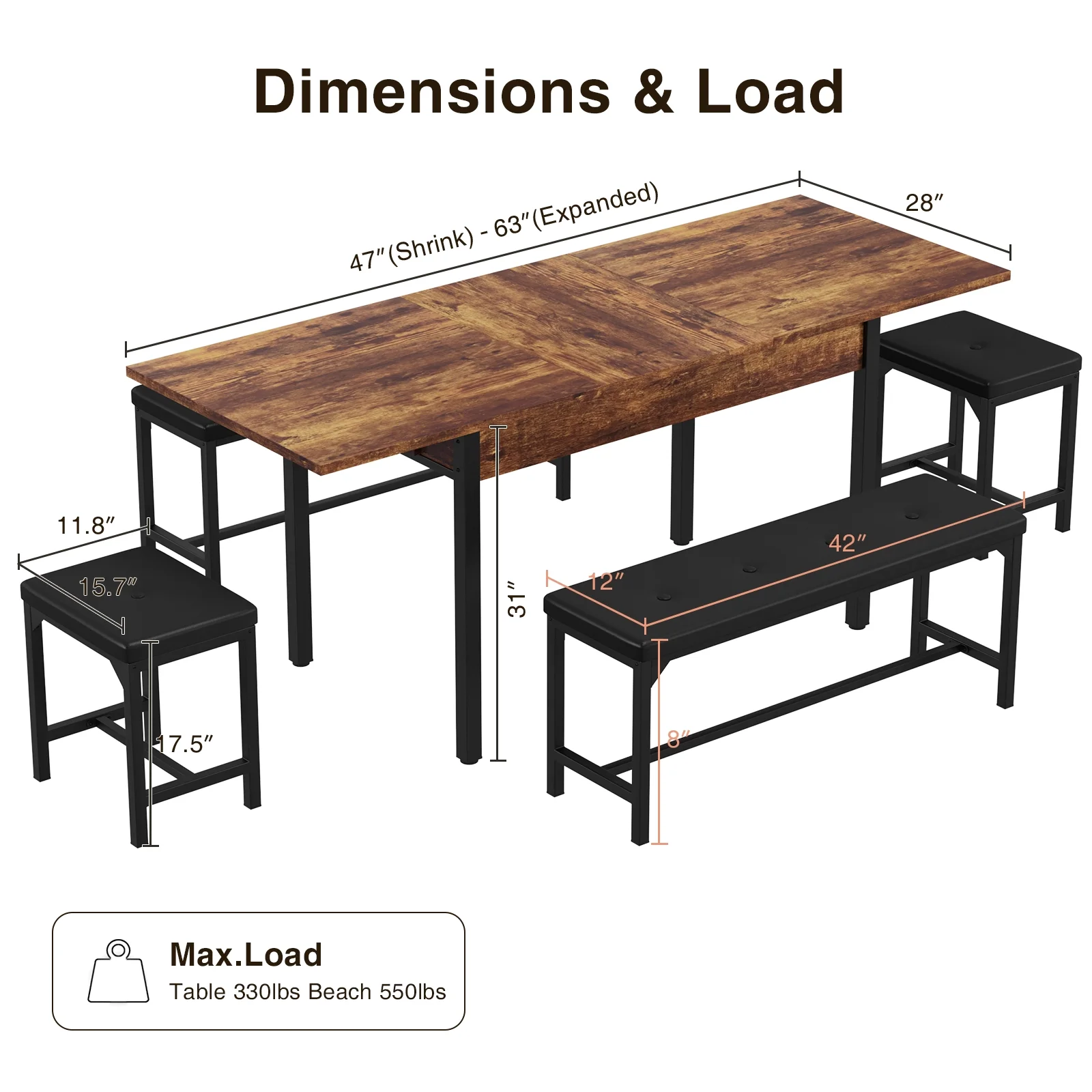 FiveWillowise 3-Piece Dining Table Set for 4-8, Kitchen Table Set with Metal Frame & Wooden Board .63
