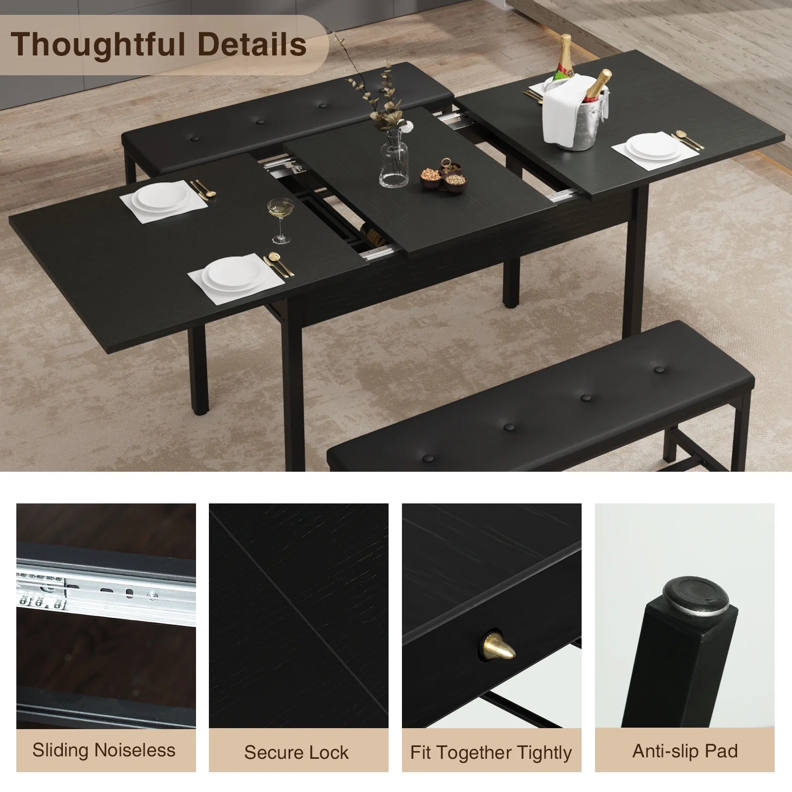 FiveWillowise 3-Piece Dining Table Set for 4-8, Kitchen Table Set with Metal Frame & Wooden Board .63