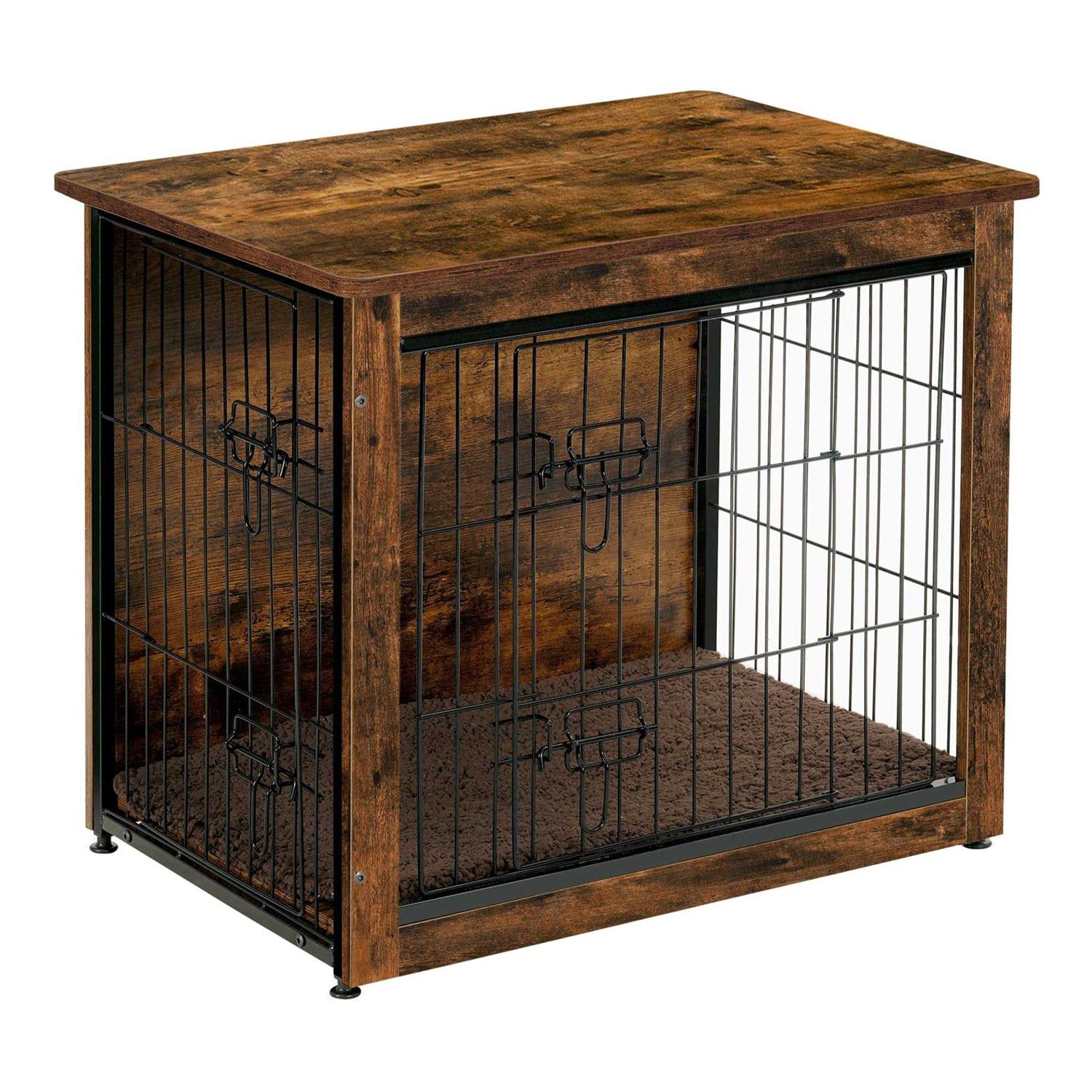 DWANTON Dog Crate Furniture with Cushion Wooden Dog Crate with Double Doors