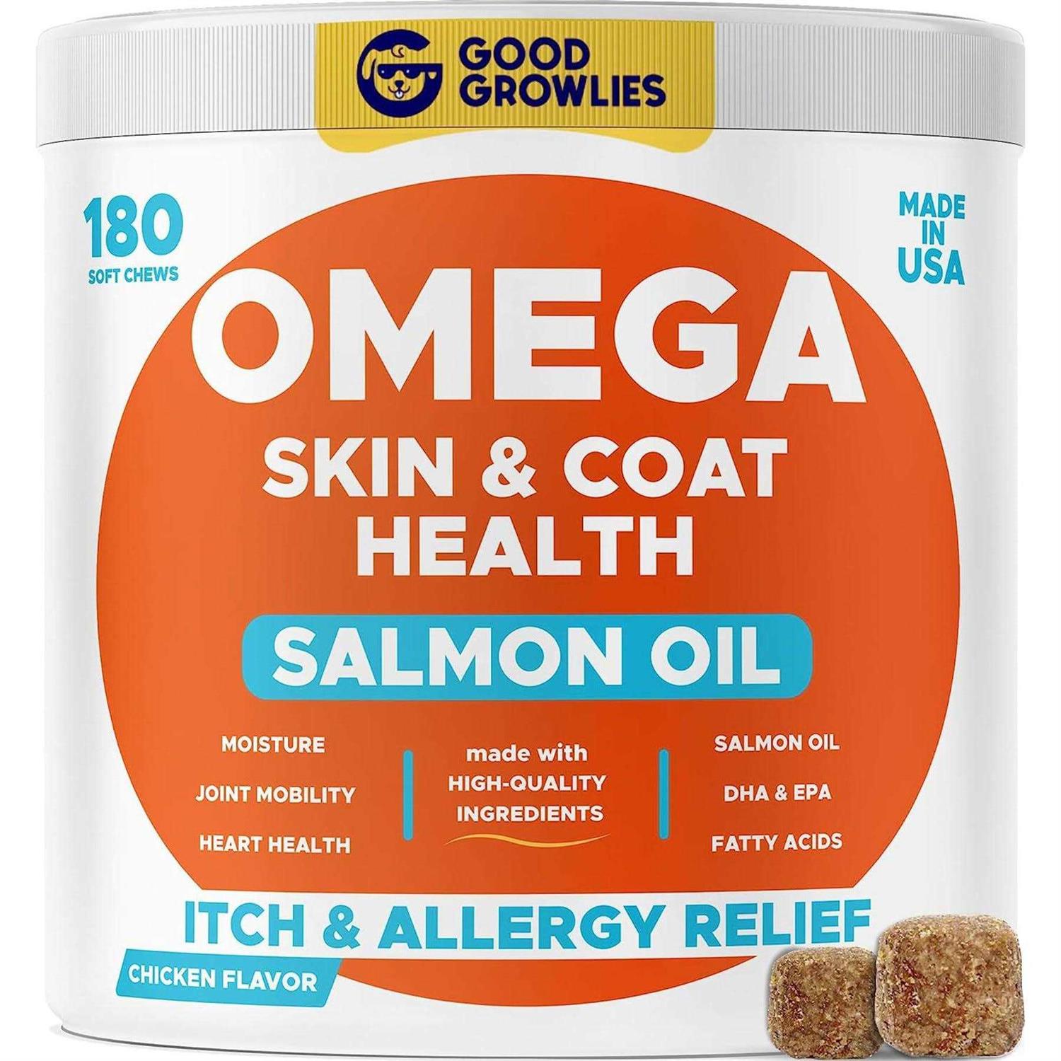 GoodGrowlies Omega 3 Alaskan Fish Oil Treats for Dogs Dry & Itchy Skin Relief + Allergy Support