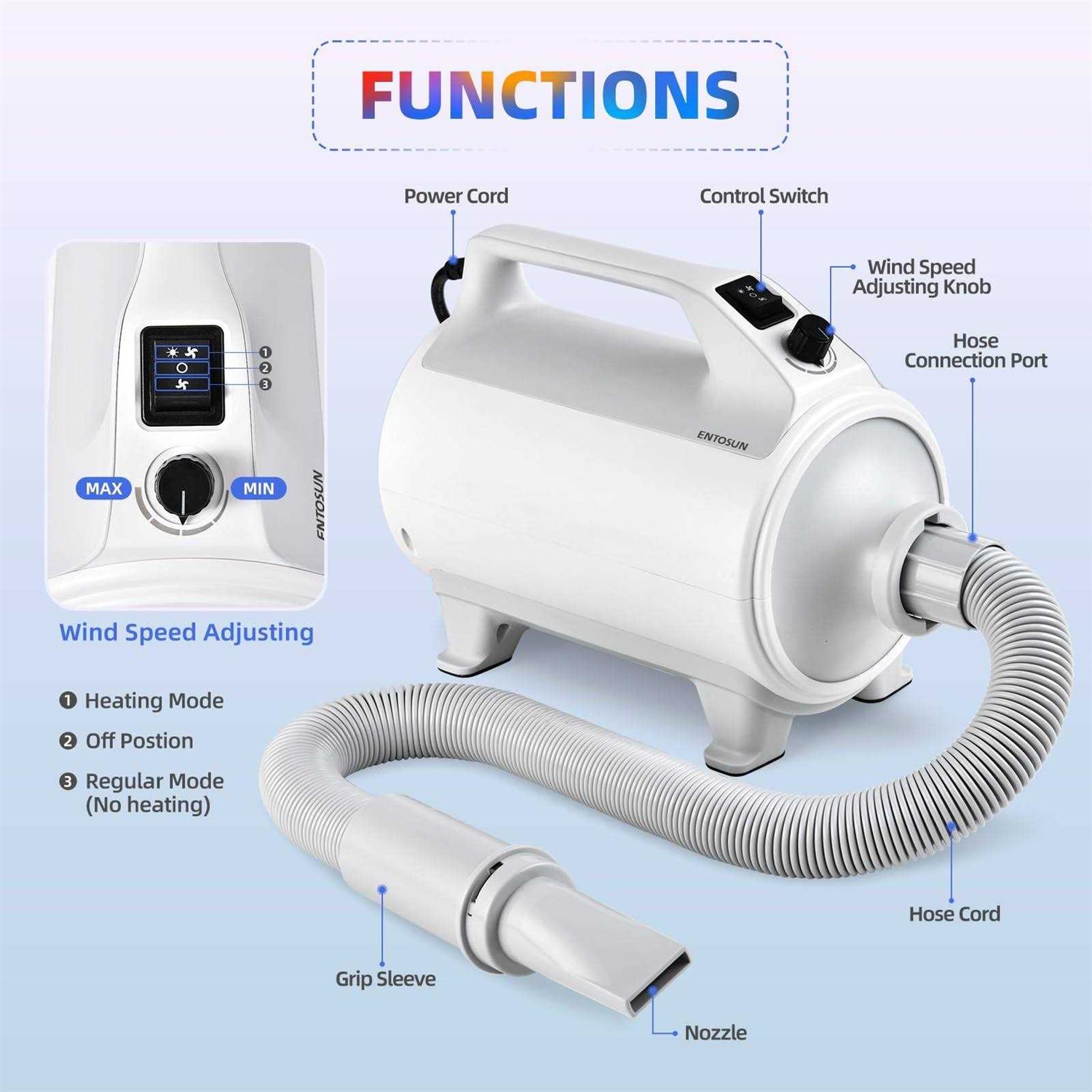 Entosun Dog Dryer, Pet Hair Dryer, 4.3hp/2800W Adjustable Speed and Temperature