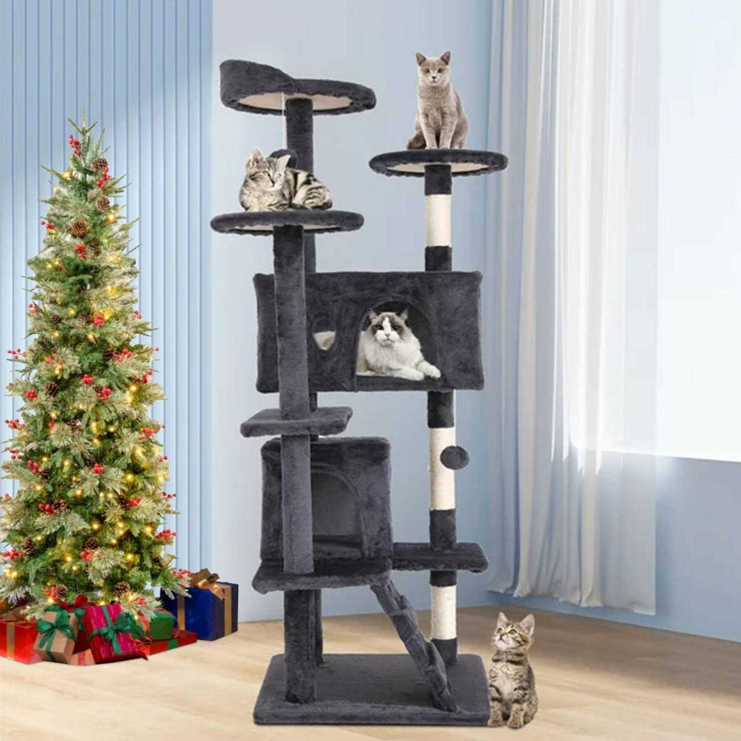 Niamvelo 54-in Double Condo Cat Tree Tower Playhouse with Scratching Post & Perch for Indoor