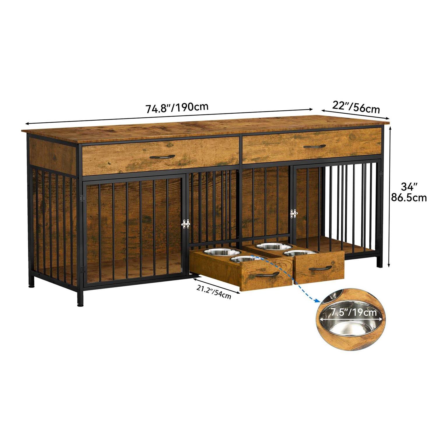 Dextrus Dog Crate Furniture Large Breed with Dog Feeder 74.8 inch inch Wooden Dog Kennel Furniture Indoor Heavy Duty Dog Crate with Drawers