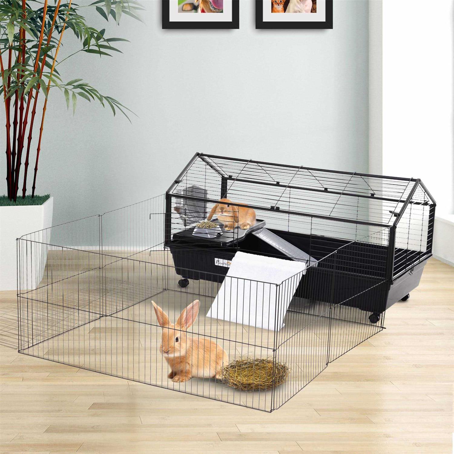 PawHut Rolling Metal Rabbit Guinea Pig or Small Animal Hutch Cage with Main House and Run