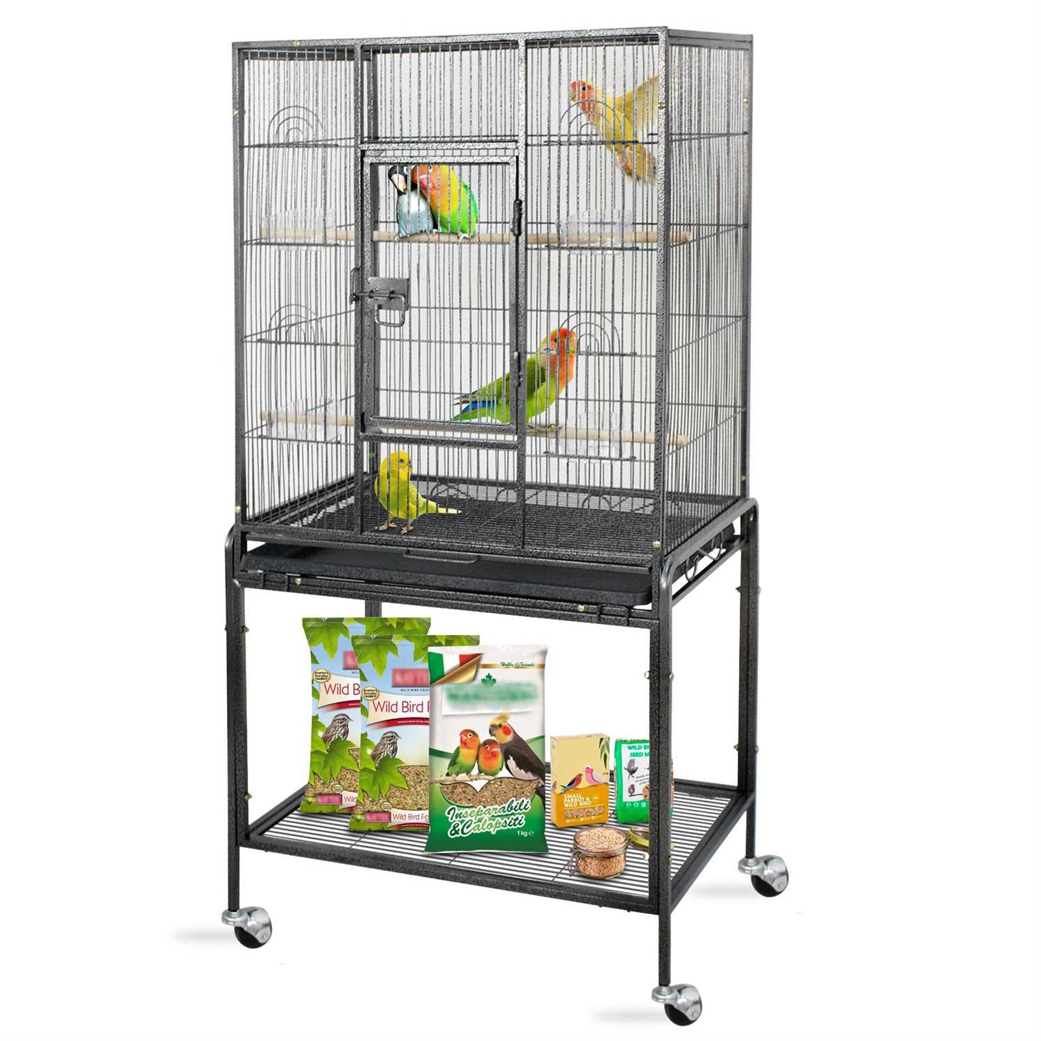 Zeny 53 inch Rolling Bird Cage Large Wrought Iron Cage Lovebird House with Rolling Stand, Black, Size: Medium