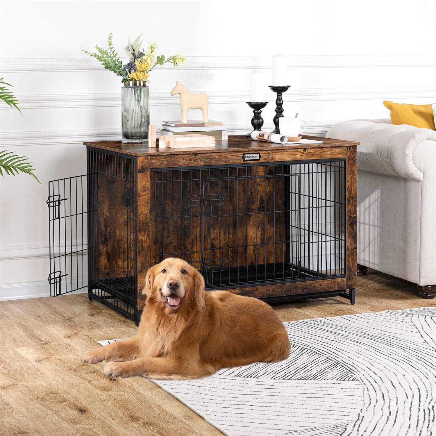 HOOBRO Dog Crate Furniture Large Dog Kennel Indoor 38.6 Wooden Pet Furniture with Pull-Out Tray