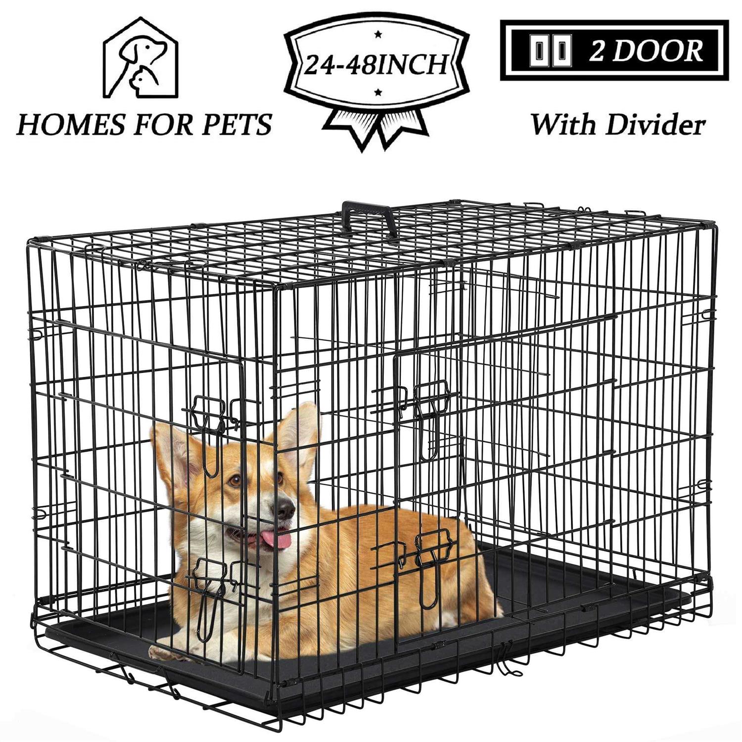Yrllensdan Foldable Large Dog Crate for Large Dogs, Metal Wire Dog Cage with Plastic Tray and Handle Double-Door Outdoor Dog Crates and