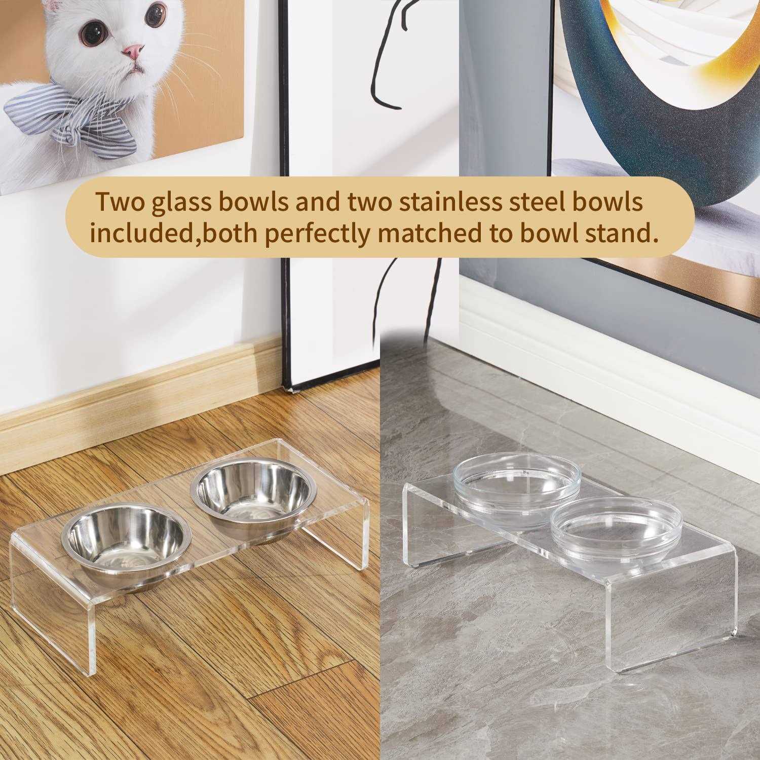 Feoyoho Acrylic Elevated Dog Cat Bowls Pet Feeder Double Bowl Raised Stand Comes with 2 Removable Glass Bowls and 2 Stainless Steel Bowls.Perfect for cats