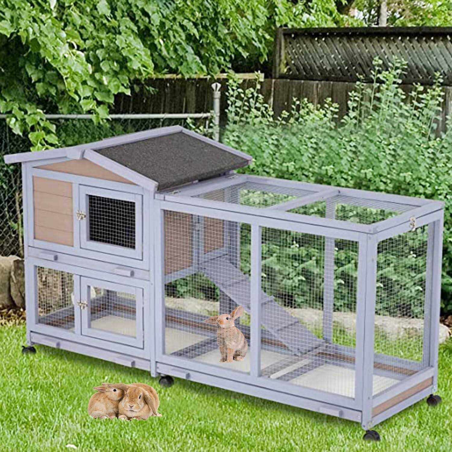Niamvelo Wood Rabbit Hutch Indoor&Outdoor Bunny Cage with Wheels &Waterproof Roof for Small Animals