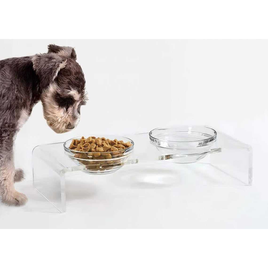 Feoyoho Acrylic Elevated Dog Cat Bowls Pet Feeder Double Bowl Raised Stand Comes with 2 Removable Glass Bowls and 2 Stainless Steel Bowls.Perfect for cats