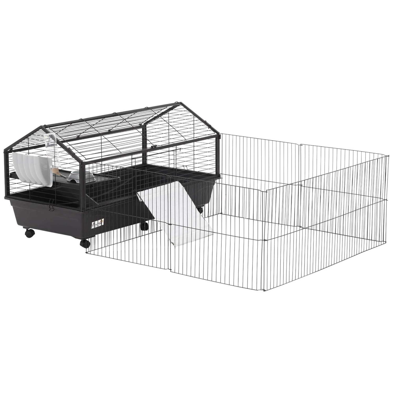 PawHut Rolling Metal Rabbit Guinea Pig or Small Animal Hutch Cage with Main House and Run