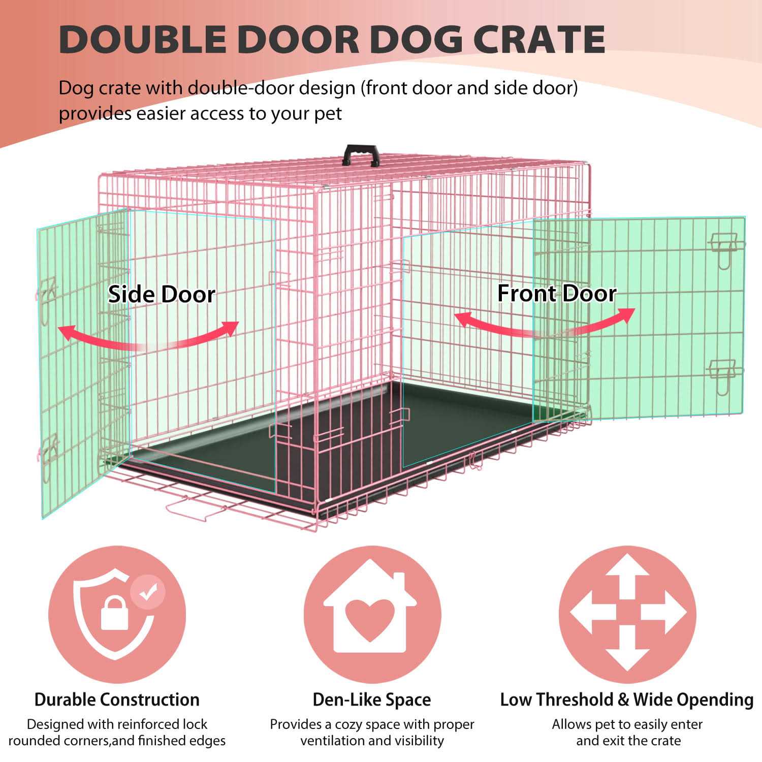 Yrllensdan Dog Crate, Dog Crates and Kennels Dog Foldable Large Dog Crate for Large Dogs with Handle Double-Door Outdoor Metal Wire