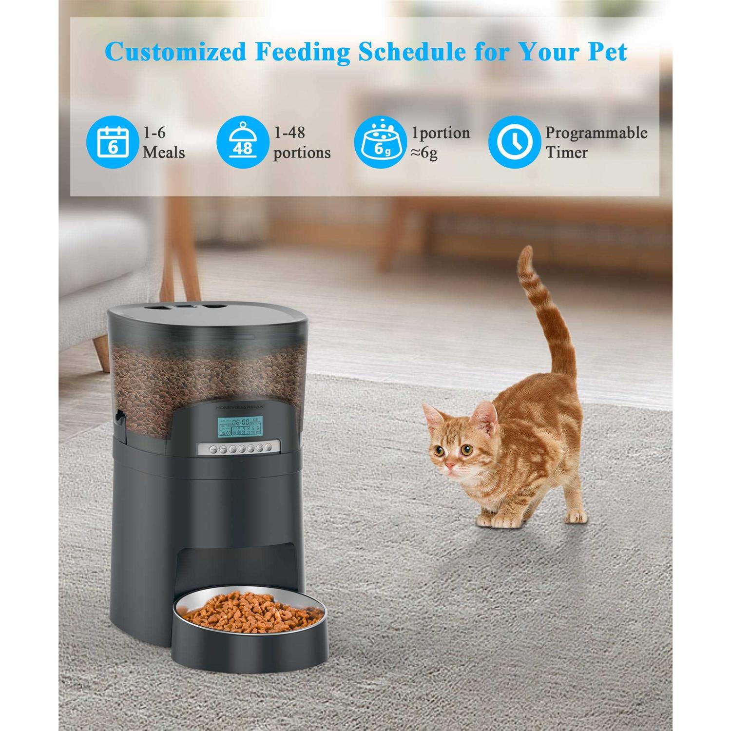 Cat Feeder HoneyGuaridan 4.5l Automatic Pet Feeder for Dogs Food Dispenser Auto Cat Feeder 6 Meal Portion Control