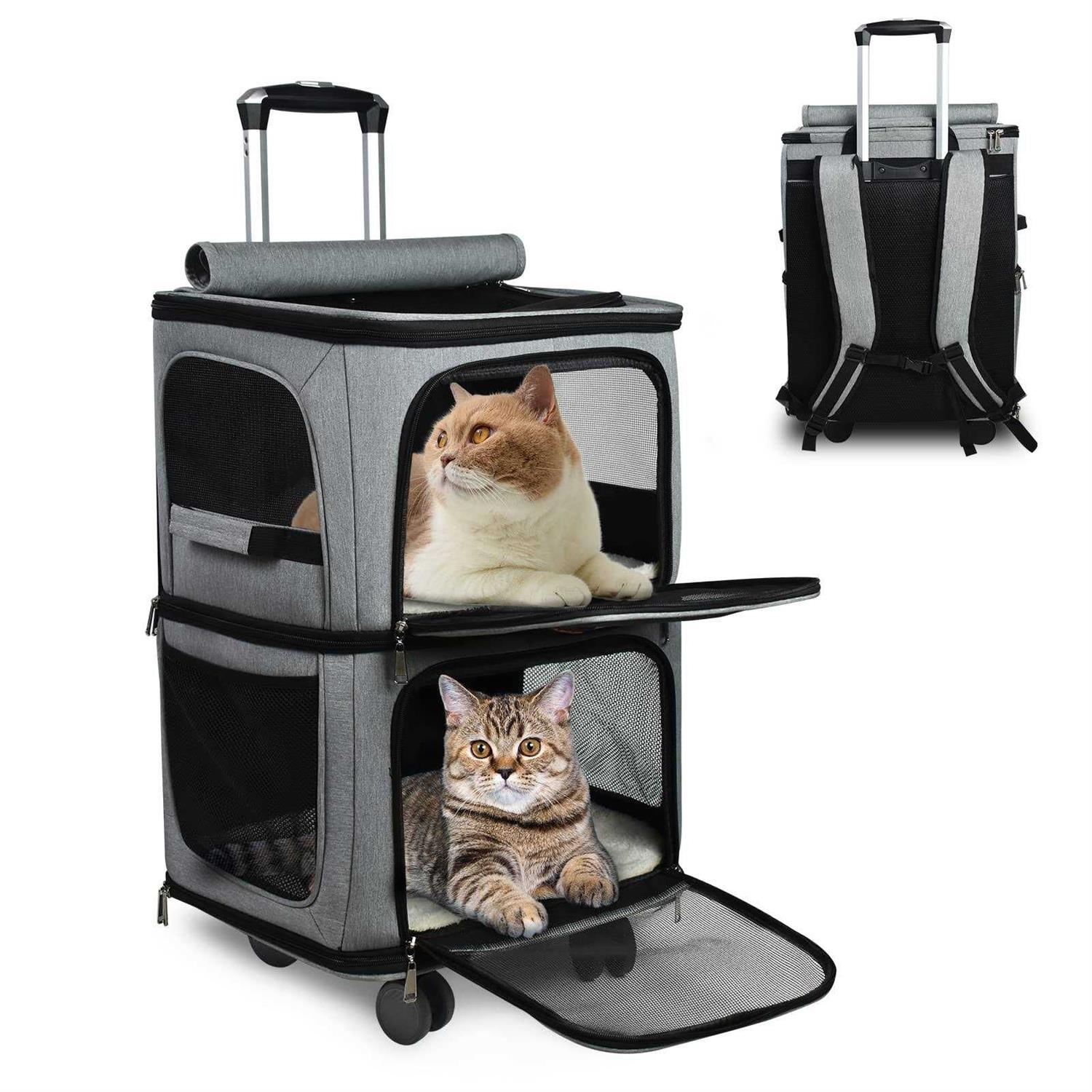 GJEASE Double-Compartment Pet Dog Rolling CarrierBackpack with Wheels,Cat Carrier for 2 Cats,Super Ventilated Design,Ideal for Traveling/Hiking