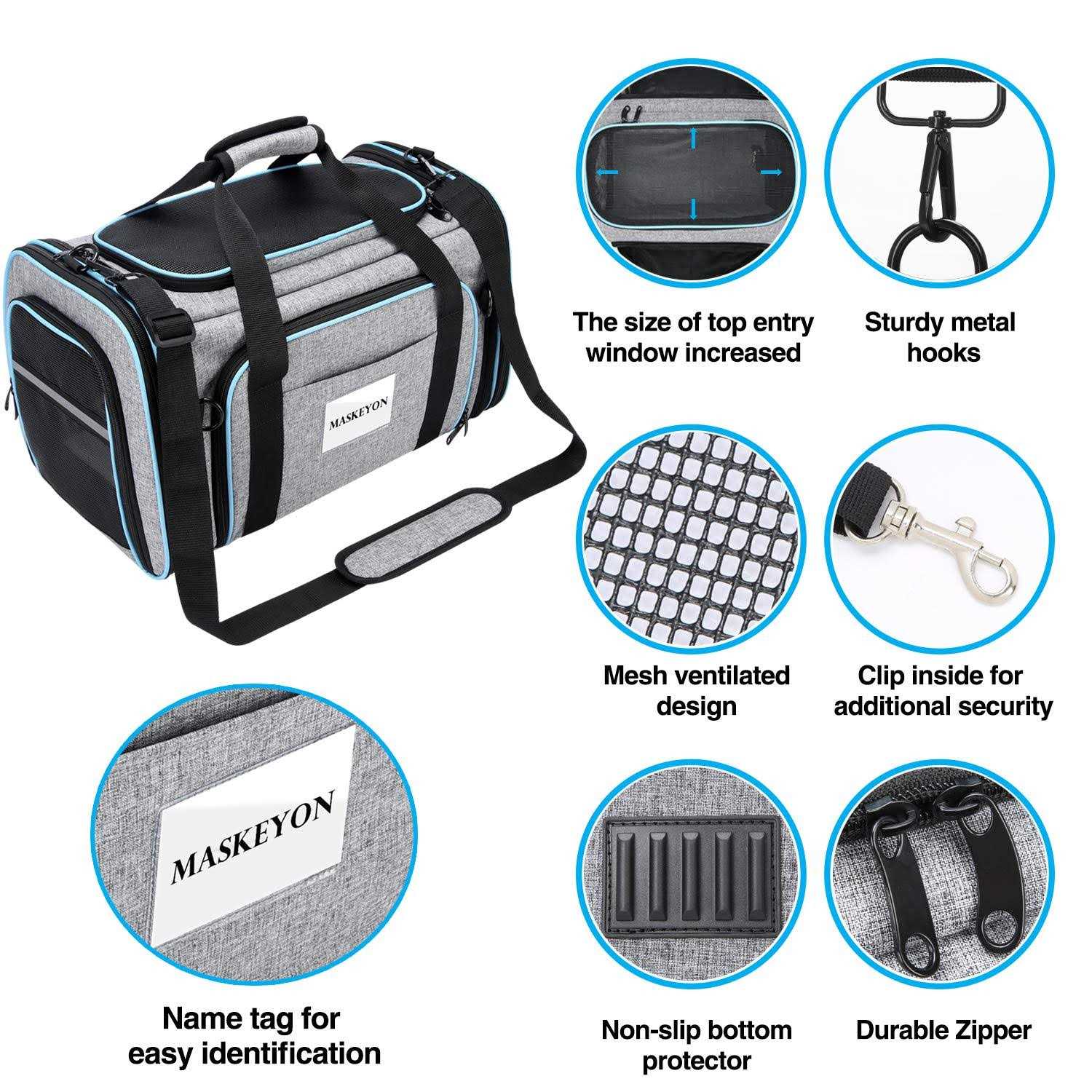 MASKEYON TSA Airline Approved Soft Sided Pet Carrier 4 Expandable Large Travel Carrier Collapsible with 3 Removable Washable