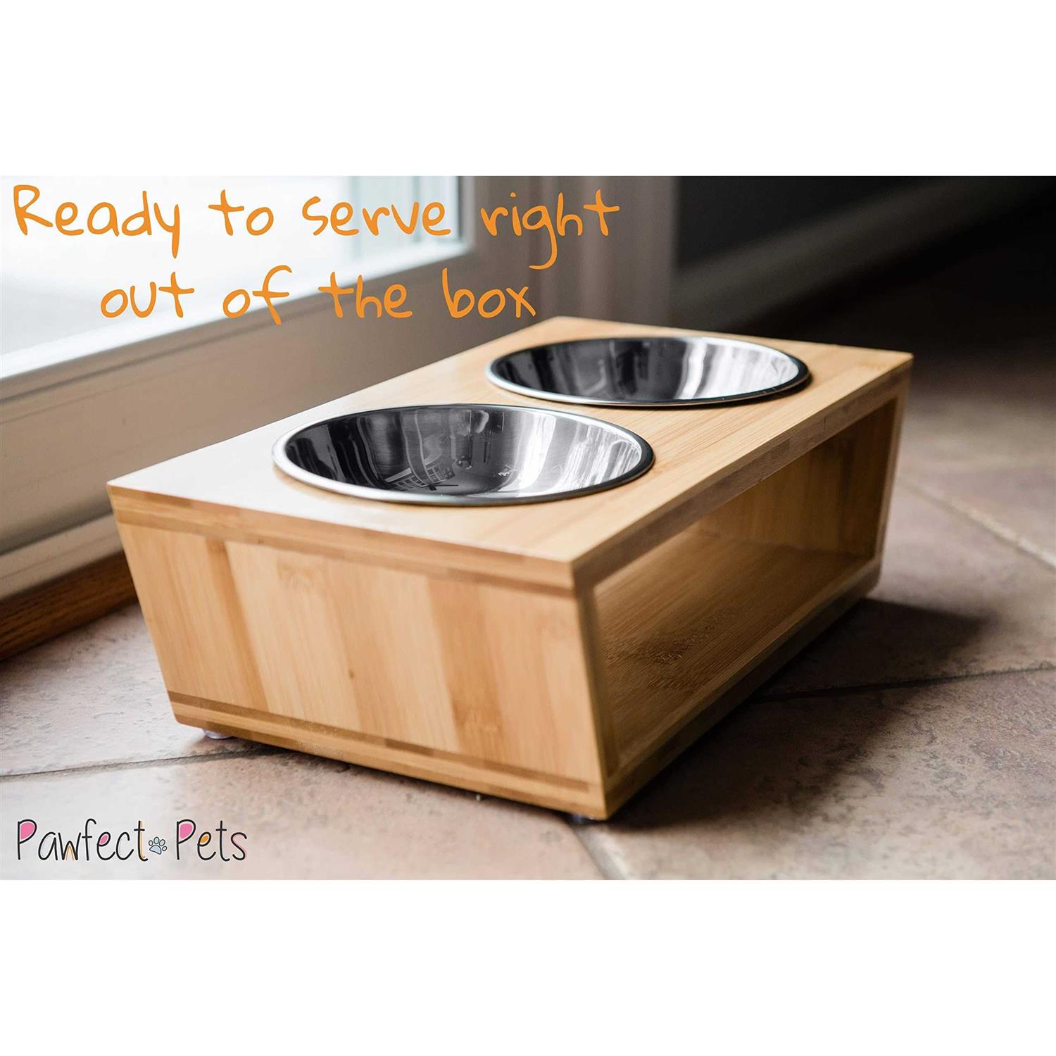 Pawfect Pets Elevated Dog Bowl Stand 4” Raised Dog Bowl for Small Dogs and Cats. Pet Feeder Comes with Four Stainless Steel Bowls