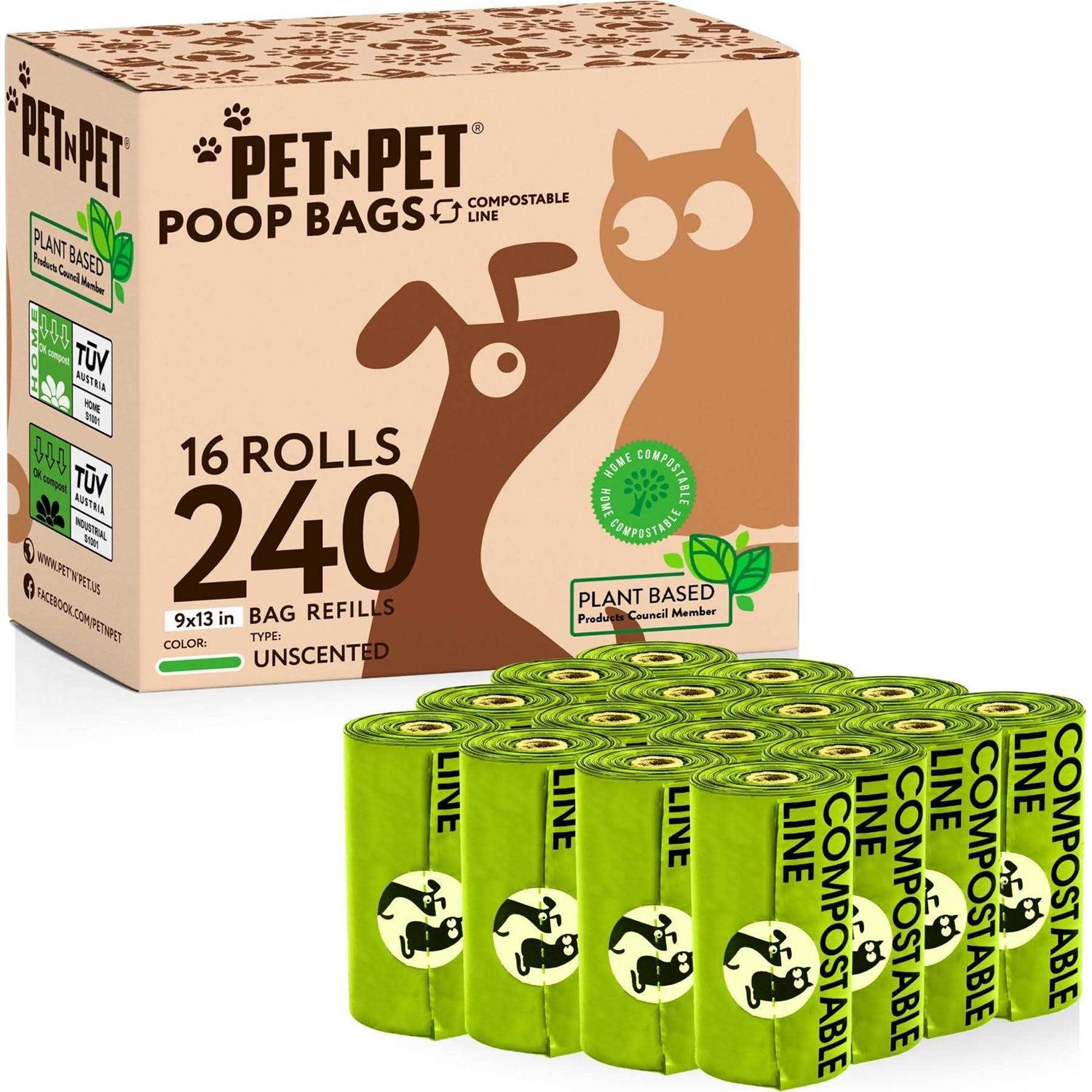 PET N PET Poop Bags 240 Count Compostable Poop Bags 100% Vegetable Based Corn Starch Poop Bags Unscented Dog Poop Bags Refill Rolls