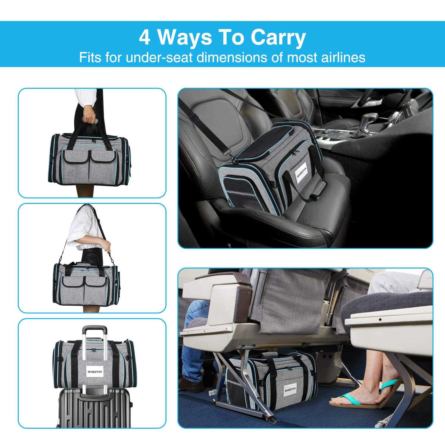 MASKEYON TSA Airline Approved Soft Sided Pet Carrier 4 Expandable Large Travel Carrier Collapsible with 3 Removable Washable