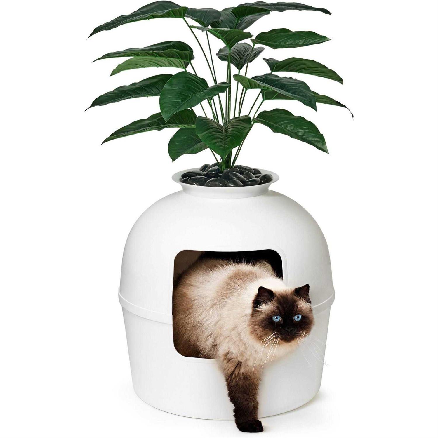 Secret Litter Box by Bundle & Bliss Hidden Litter Box Enclosure with Odor Control Carbon Filter, Faux Plant and Real Stones