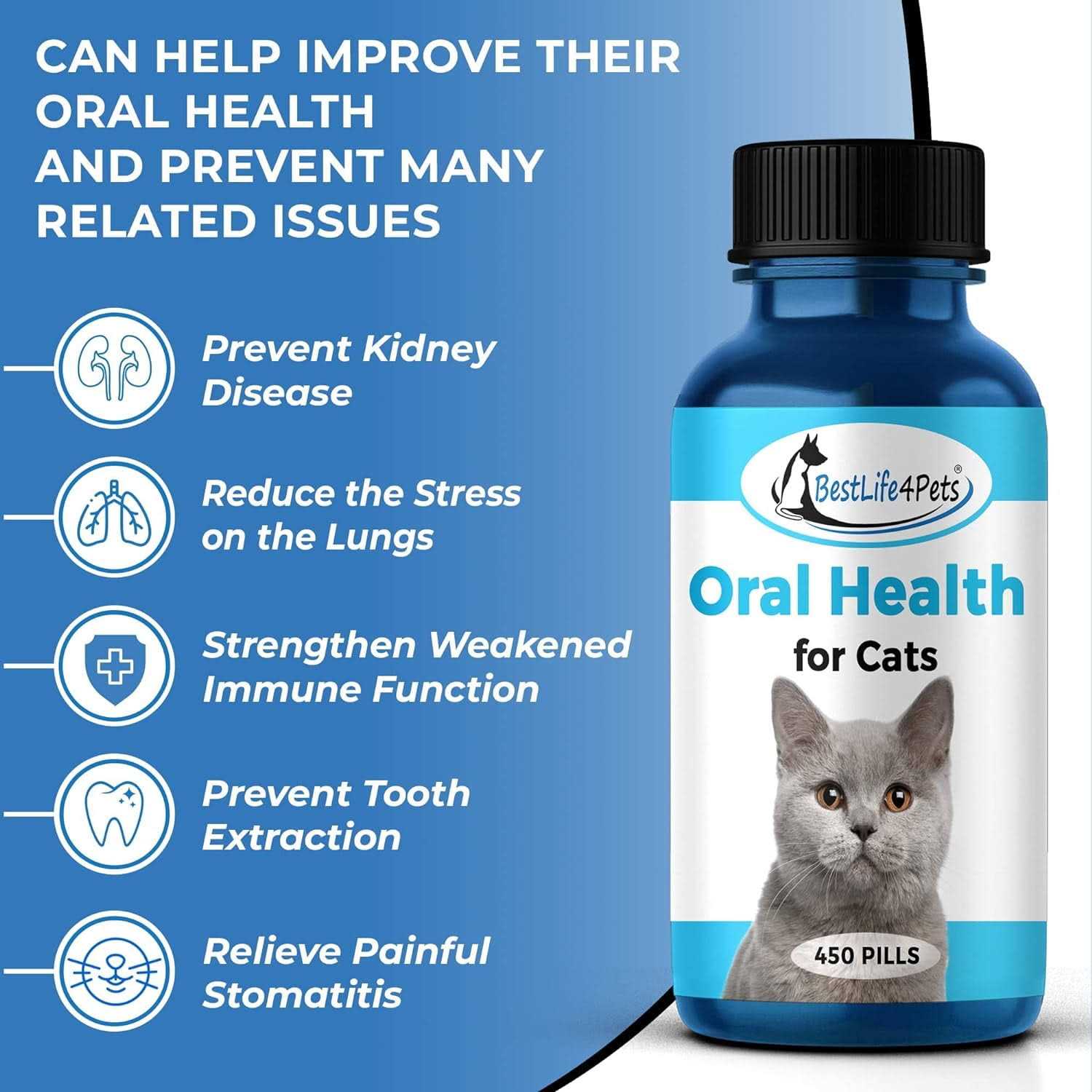 BestLife4Pets Oral Health for Cats Cat Dental Care Supplement Anti inflammatory Pain Relief for Stomatitis Gingivitis and Gum Disease Cat Supplies