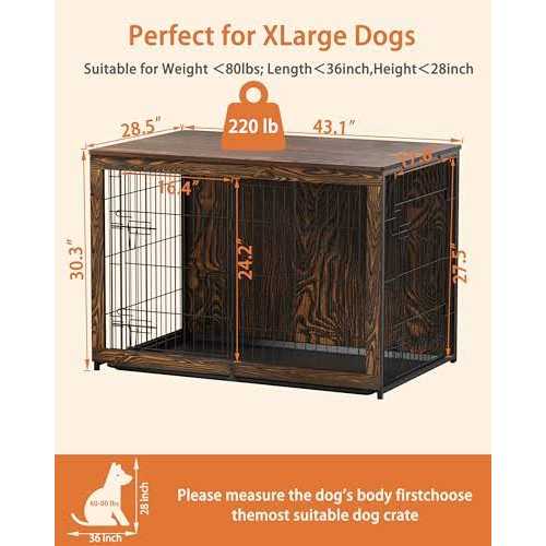 Megidok Wooden Dog Crate Furniture with Cushion Dog Crate End Table with Tray